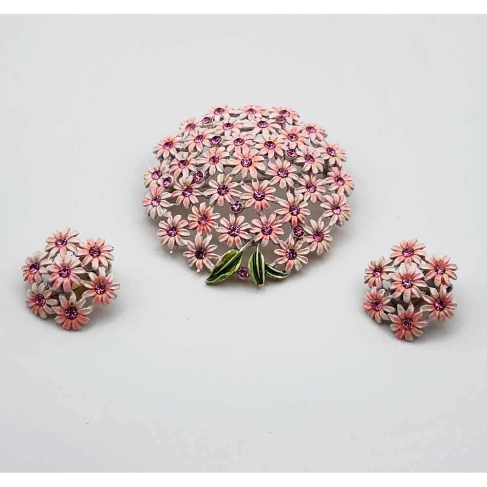 Vintage Pink Enamel Flower Brooch and Clip-On Earrings Set, Floral Rhinestone